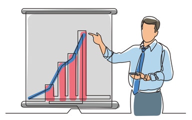 Poster - continuous line drawing business coach showing on increasing marketing diagram task - PNG image with transparent background
