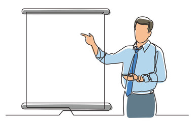 Poster - continuous line drawing business coach showing on presentation screen - png image with transparent b