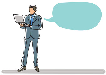 Poster - continuous line drawing businessman standing with laptop computer - PNG image with transparent background