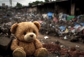 Wall Mural - Homeless teddy bear in dirty city slums alone and emotionally sad; forgotten, unloved and lost surrounded by abandoned destroyed building ruins - Generative AI illustration.