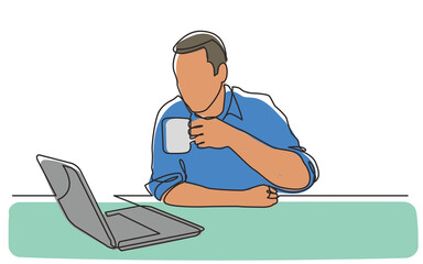 Poster - continuous line drawing sitting man watching laptop computer drinking coffee - PNG image with transparent background