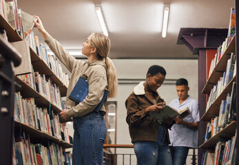 Aufkleber - Education, book search or girl in library at university, college or school bookshelf learning or studying. Research, scholarship or gen z student focused on knowledge growth, goals or development