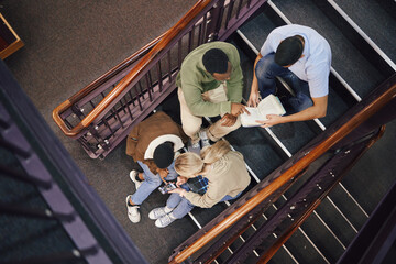 Aufkleber - Above, student group and stairs for study together, thinking and research for exam, test or education. Students, diversity and teamwork for support, ideas and collaboration at university for mission