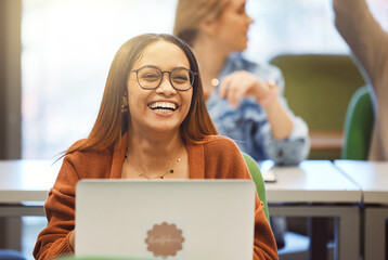 Poster - Black woman, laptop and student smile in classroom for university education, learning and school environment happiness. African girl, happy laughing and studying with digital tech device for college