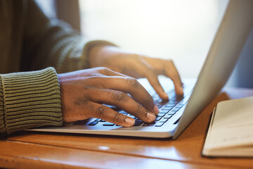 Poster - Laptop, hands and typing, student and education with report or essay writing, studying for exam for university. Scholarship, college student working closeup and proposal, keyboard with email and wifi