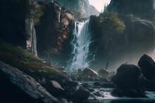 Waterfall Cascading Down A Cliff Face, Surrounded By Water Mist, Rocks, And Lush Vegetation. AI-Assisted Image