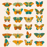 Fototapeta Motyle - Set of retro 60s 70s hippie groovy butterflies for cards, stickers or poster design. Flat vector illustration