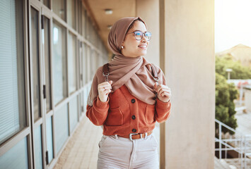 University, Muslim and campus student walking, happy and relax on journey to class, education learning or lecture study. School, hijab and Islamic woman, college girl or person on walk in Indonesia