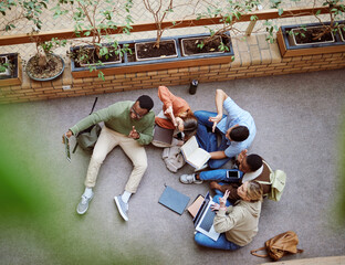Poster - University phone selfie, peace sign and students working on research, college project or group education study. Knowledge learning, emoji gesture and top view of diversity friends on school floor