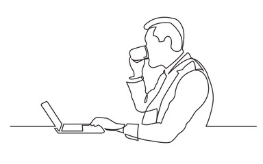 Poster - continuous line drawing man drinking coffee working laptop computer - PNG image with transparent background