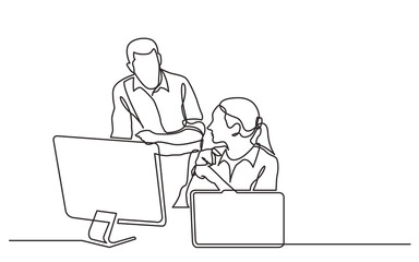Poster - continuous line drawing office workers discussing problem - png image with transparent background