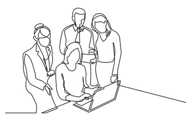 Poster - continuous line drawing office workers discussion with laptop computer - png image with transparent 