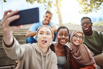 Sticker - Students, funny faces or phone selfie on university steps, college campus or school bleachers for social media. Smile, happy or diversity friends on mobile photography technology for profile picture