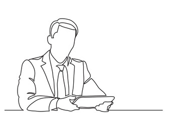 Poster - continuous line drawing sitting businessman with tablet - png image with transparent background