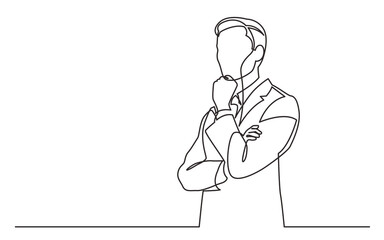 Wall Mural - continuous line drawing standing businessman thinking hard - PNG image with transparent background