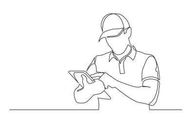 Poster - continuous line drawing standing delivery guy filling order on tablet - PNG image with transparent background