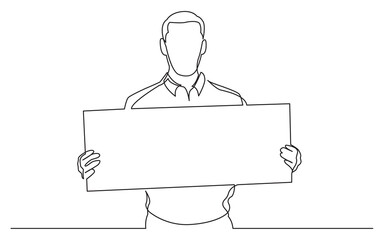 Poster - continuous line drawing standing man holding banner - PNG image with transparent background