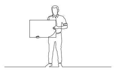 Poster - continuous line drawing standing man holding blank sign - PNG image with transparent background