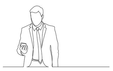 Poster - continuous line drawing standing man in suit checking phone - PNG image with transparent background