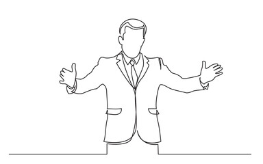 Poster - continuous line drawing standing man in suit showing hands - PNG image with transparent background