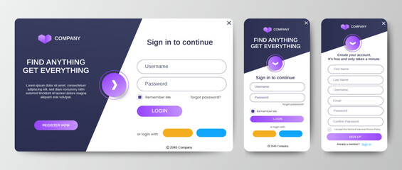 Poster - Set of Sign Up and Sign In forms. Blue gradient. Mobile Registration and login forms page. Professional web design, full set of elements. User-friendly design materials.	