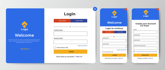 Poster - Set of Sign Up and Sign In forms. Blue gradient. Mobile Registration and login forms page. Professional web design, full set of elements. User-friendly design materials.	