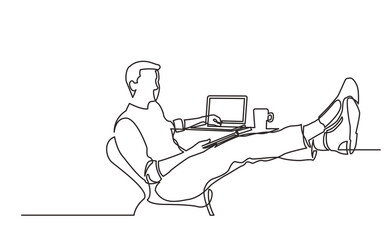 Poster - continuous line drawing young man sitting with laptop computer feet on desk - PNG image with transparent background