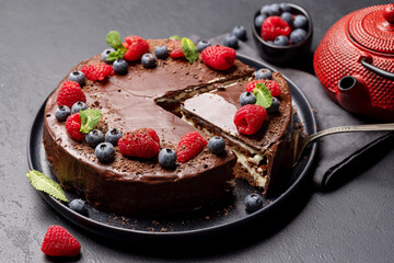 Poster - Chocolate cake dessert with berries