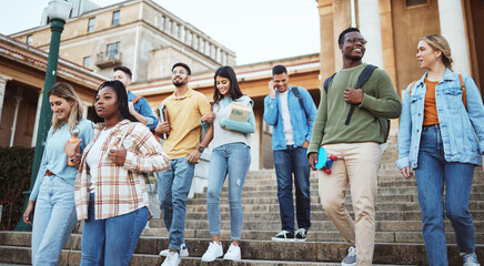 Canvas Print - Students, diversity or walking on university steps, college campus or school stairs in morning class commute. Talking men, bonding women or education friends with learning goals in global scholarship