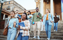 Diversity, Students And Walking On University Steps, School Stairs Or College Campus To Morning Class. Smile, Happy People And Bonding Education Friends In Global Scholarship Opportunity Or Open Day