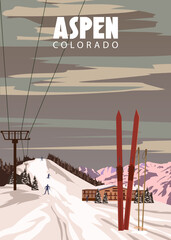 Wall Mural - Travel poster retro Resort Aspen Ski Colorado USA winter landscape travel card