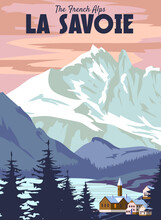 La Savoie Ski Resort Poster, Retro. Winter Travel Card Vintage
