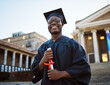 © S Fanti/peopleimages.com - Achievement, diploma and portrait of a black man at graduation with college success, celebration and happy. Pride, smile and African graduate with a certificate after studying at university in London