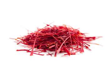 Wall Mural - Dried saffron spice isolated on white background.