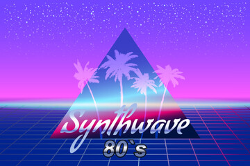 Wall Mural - Synthwave 80 s retro banner vaporwave aesthetic background. Palms silhouette triangle grid 3d, sunset retrowave