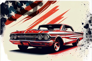  Sketch American Muscle Car with american flag. Poster style. Ai Generative