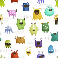 Wall Mural - endless pattern with monsters, funny cartoon monsters, mutants, comoc childish illustration