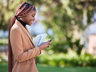 Poster - Phone, scholarship student and black woman at park on social media, researching or texting. Technology, education and happy female with books on 5g mobile smartphone for learning schedule outdoors