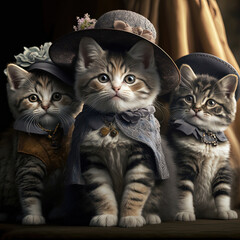 Wall Mural - Cats in a fashion suit, 
kitten dressed with Victorian stile in a fancy dress, hat. Fashion parade. [Digital art. Generative AI painting]