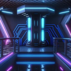 Poster - Column with neon on platform in dark futuristic hall AI
