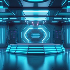 Poster - Podium and neon illuminated screen in shuttle hall AI
