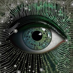 Poster - green eye on circuit board with microchips closeup ai