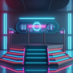 Poster - Podium with steps and glowing window in futuristic hall AI