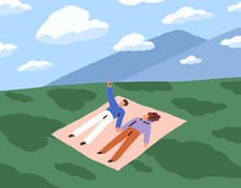 Love Couple On Date In Nature. Romantic Man And Woman Pointing, Looking Up To Sky, Clouds, Lying On Grass Outdoors. Valentines Dreaming. Happy Dreamers Relaxing On Blanket. Flat Vector Illustration