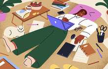 Overworked Exhausted Business Woman Sleeping With Laptop At Home. Tired Fatigue Remote Worker, Workaholic Asleep, Lying In Mess, Chaos. Work Overload, Exhaustion Concept. Flat Vector Illustration