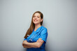 Woman nurse or doctor in blue medical suit. Isolated portrait.