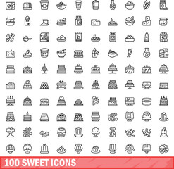 Poster - 100 sweet icons set. Outline illustration of 100 sweet icons vector set isolated on white background