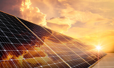 Wall Mural - solar panels reflect a golden sky, clean energy, and a good environment.