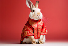 Rabbits Character Design With Beautiful Blossom Flowers Red Dress For Mid Autumn Festival Or Chinese New Year 2023, The Year Of The Rabbit Zodiac Sign.(Generative AI)