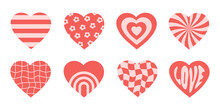 Vector Set Romantic Icons Hearts In Pink And Red Colors. Retro Background In Groovy Style 70s, 80s. Concentric Hearts Or Stickers Isolated On A White Background